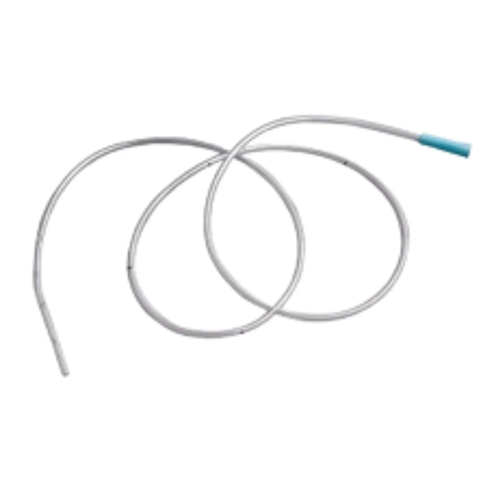 Sterile medical suction catheter with blue connector on white background