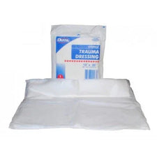 Sterile trauma dressing in package and unfolded, white medical emergency bandage