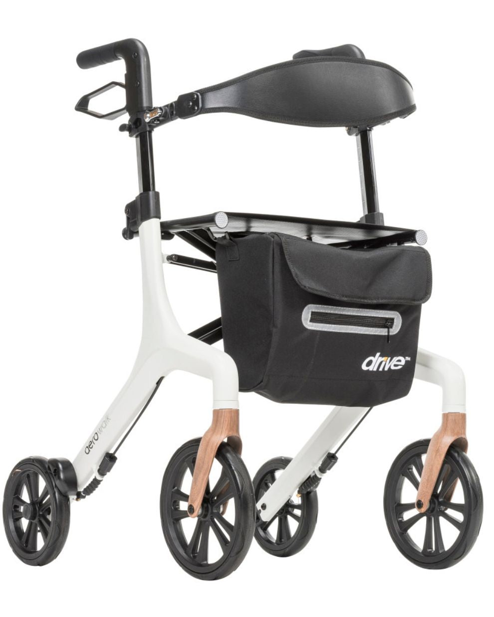 Ultra Lite rollator walker with white frame, large wheels, black seat, and front storage bag