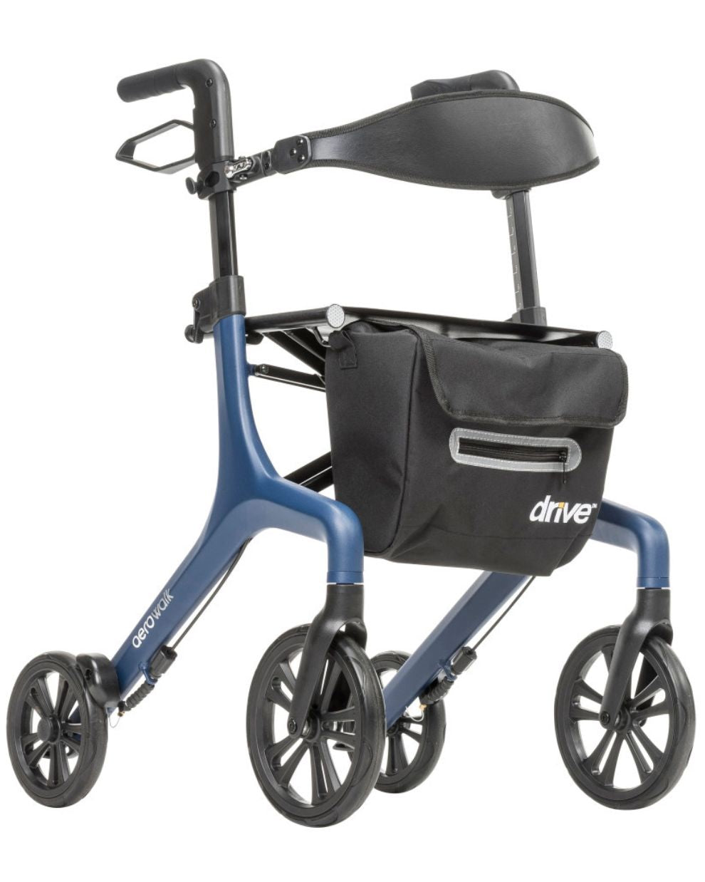 Ultra-lightweight blue rollator walker with large wheels, padded seat, and black storage bag