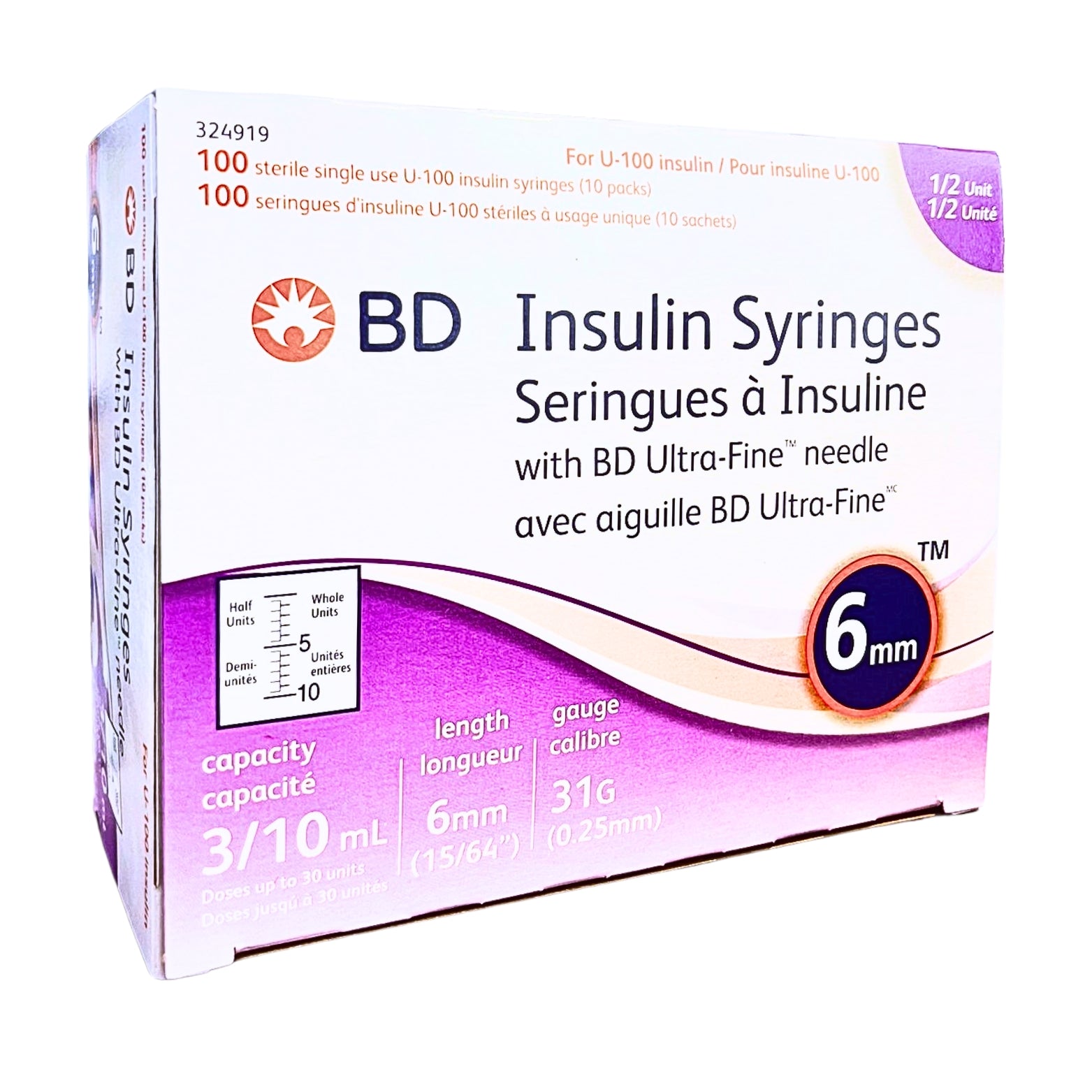 0.3mL BD Insulin Syringe with a 31G 6mm needle for accurate, comfortable injections