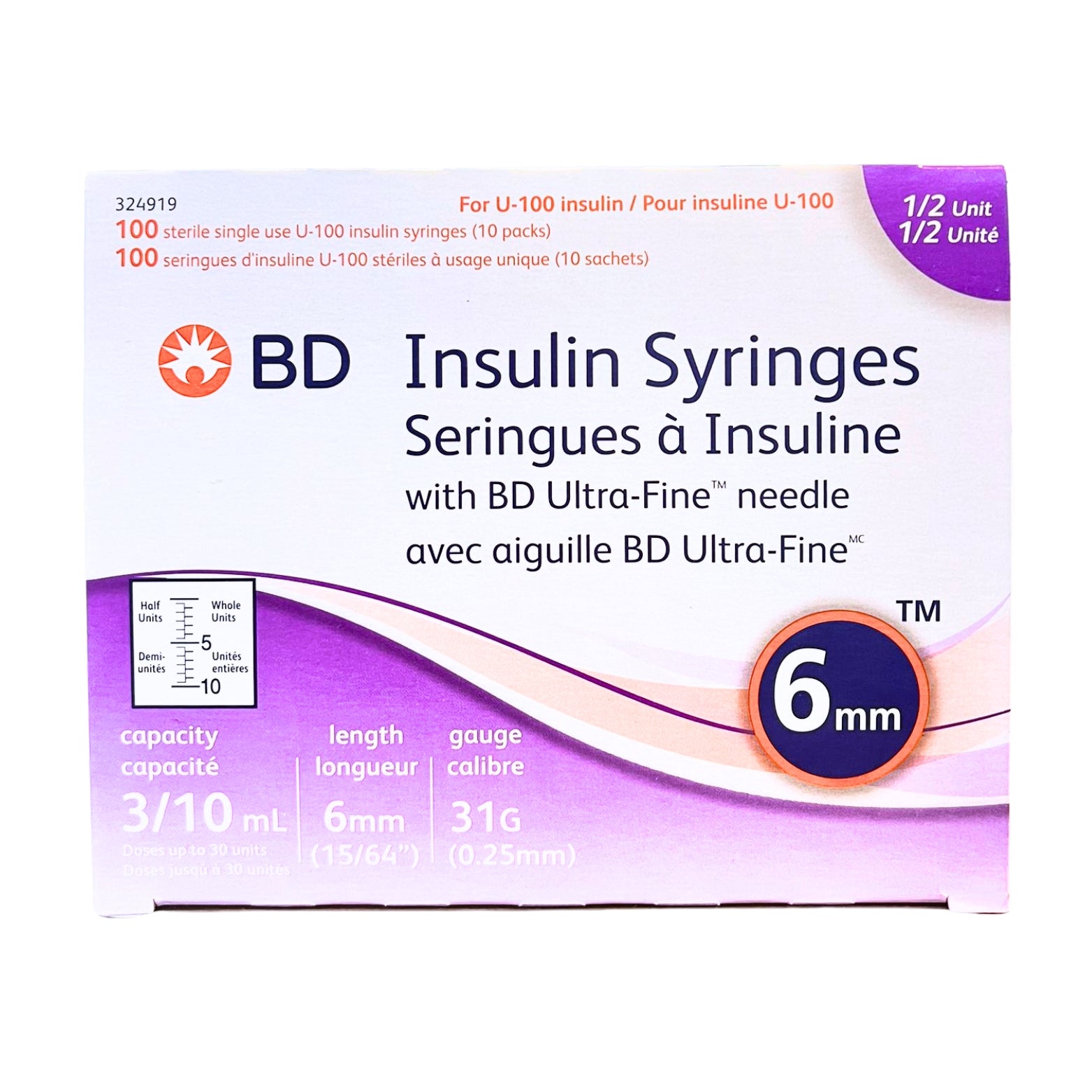 BD Insulin Syringes 0.3mL, 31G x 6mm needle size for easy and safe insulin delivery.