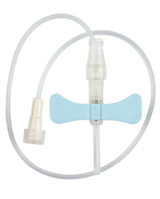 Butterfly blood collection set with push button, clear tubing and blue wings on white background