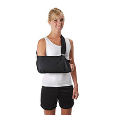 Woman wearing black arm sling for shoulder or arm injury support, ideal for home care recovery