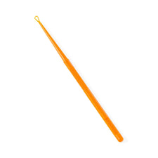 Orange plastic medical comedone extractor tool with ribbed handle on white background