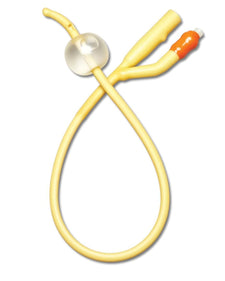 Yellow Foley catheter with inflatable balloon and orange connector for medical use