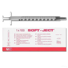 Soft-Ject sterile slip syringe with transparent barrel and box packaging, medical supply