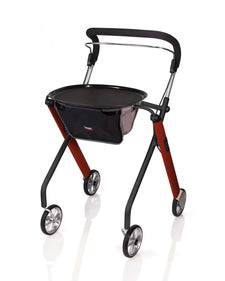 Lightweight indoor rollator with four wheels, tray, and storage basket for mobility support