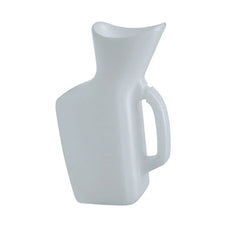 White plastic portable urinal with ergonomic handle for medical and home care use