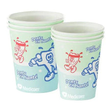 Stack of Medicom dental rinse cups with cartoon tooth design and Dents en Santé text