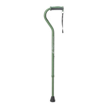 Green adjustable walking cane with ergonomic handle and wrist strap for mobility support