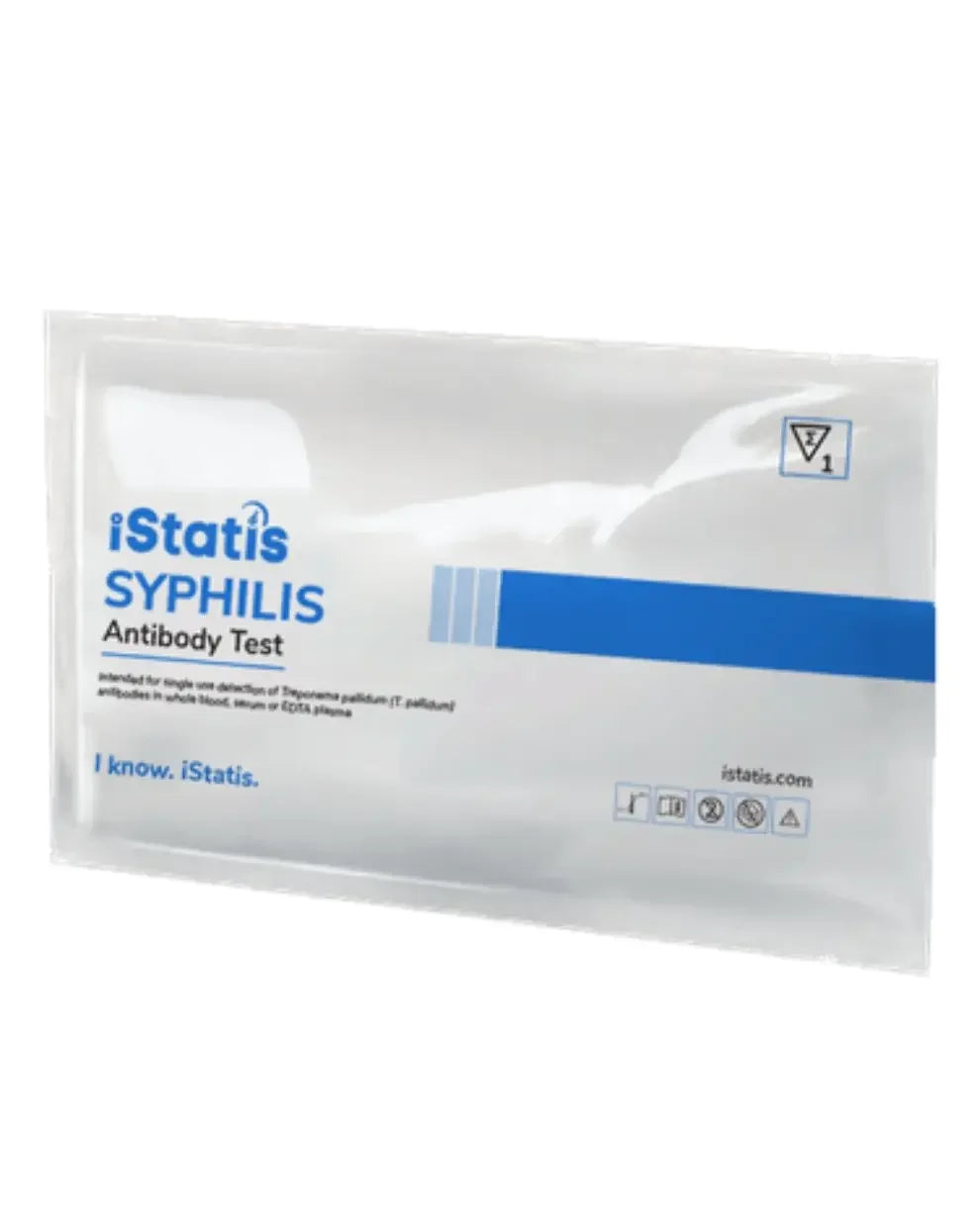 iStatis syphilis antibody test kit in sealed white and blue medical packaging