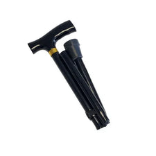 Foldable black walking cane with ergonomic handle, portable mobility aid on white background.