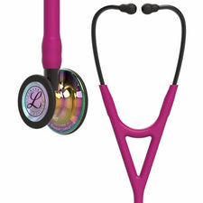 Pink and black medical stethoscope with rainbow metallic chestpiece, isolated on white background