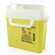 Yellow medical sharps container with white lid and biohazard label for safe disposal