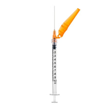 Safety syringe with orange needle cap, 1 ml medical syringe for home care and clinical use