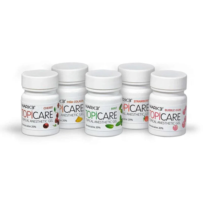 Five bottles of MARK3 TopiCare topical anesthetic gel in assorted flavors, for medical use