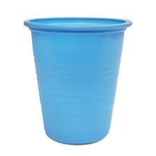 Blue disposable plastic cup for medical or home care use on white background