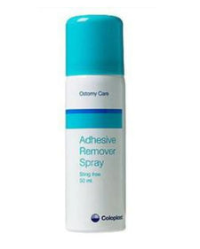 Adhesive remover spray for ostomy care, 50ml, in white and blue bottle, Coloplast branding visible.