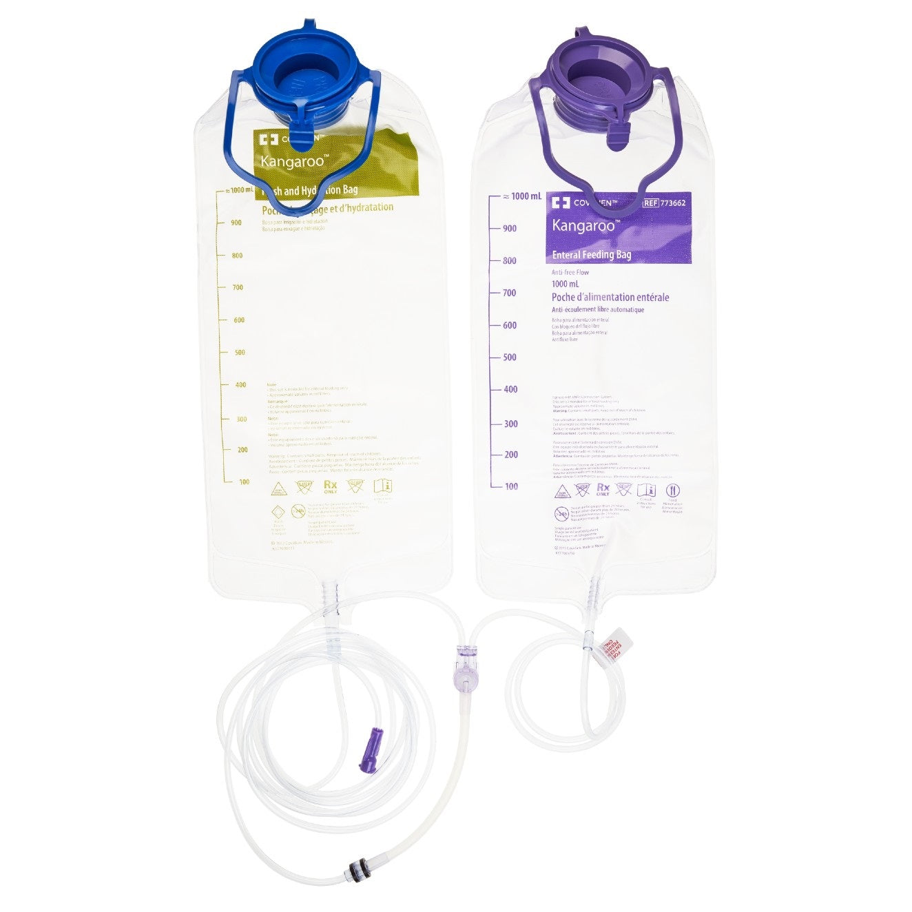 Two Kangaroo medical feeding and hydration bags with tubes, 1000 mL capacity each