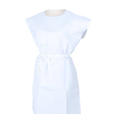 Disposable white medical gown with tie waist for healthcare or home care use