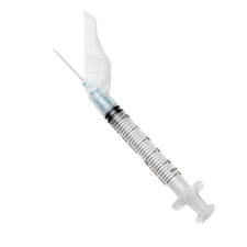 Sterile medical syringe with safety needle and measurement markings on white background
