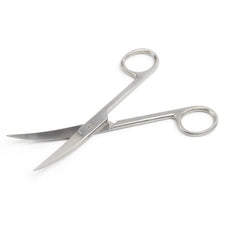 Curved stainless steel medical bandage scissors on white background