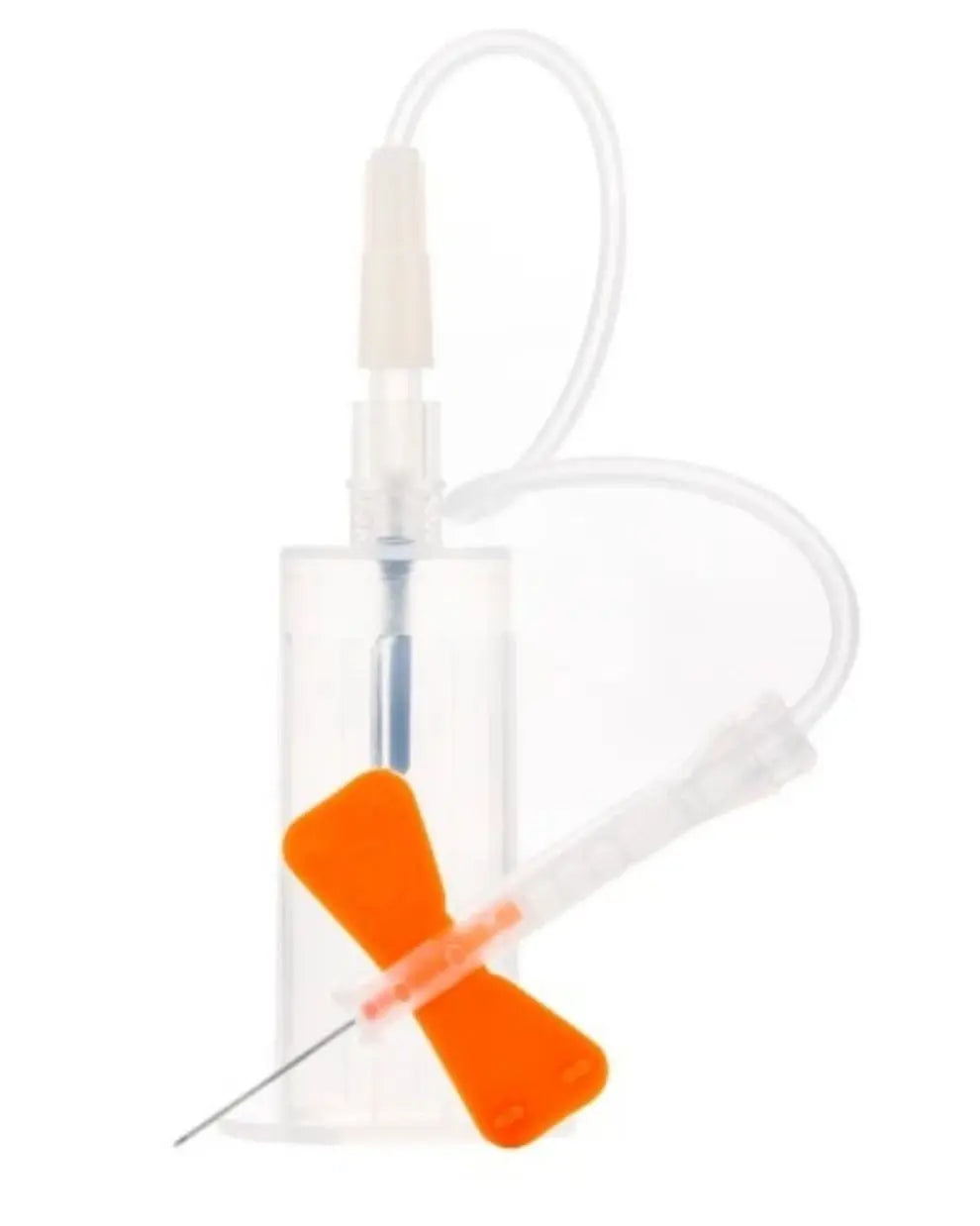 Butterfly infusion set with orange wing, medical needle and tubing on white background