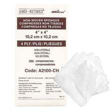 AMD-Ritmed non-woven sponges 4x4 inch, 4-ply, non-sterile medical gauze pads, 200 pack.