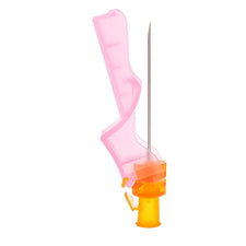 Safety IV catheter needle with pink shield and orange hub for medical use