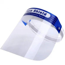 Clear plastic face shield with blue protective isolation mask band for personal protection