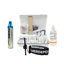 First aid kit with medical supplies, oxygen canister, tourniquet, and saline solution bottle