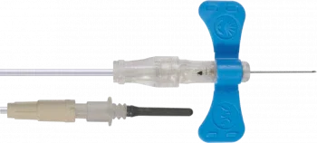 Butterfly infusion set with blue wings, medical IV needle for blood collection