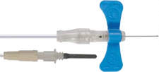 Butterfly winged infusion set for IV solutions with blue wings and clear tubing
