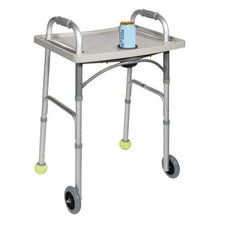 Lightweight silver walker with wheels, tray table, and drink can, mobility aid for seniors