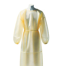 Yellow disposable isolation gown with long sleeves and elastic cuffs for medical use