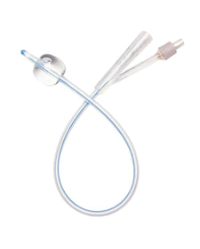 Sterile medical Foley catheter with inflation balloon and dual ports on white background