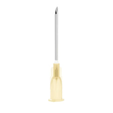 Sterile medical hypodermic needle with yellow hub on white background