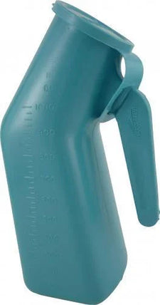 Green plastic urinal bottle with handle and measurement markings for home care
