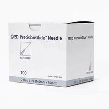 Box of BD PrecisionGlide needle 27G 1.5 inch, sterile medical supply, 100 count