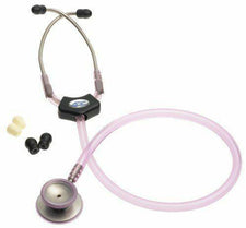 Pink clinician stethoscope with tunable chestpiece and extra ear tips on white background