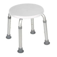 Round adjustable shower stool with non-slip rubber feet for home care and bathroom safety.