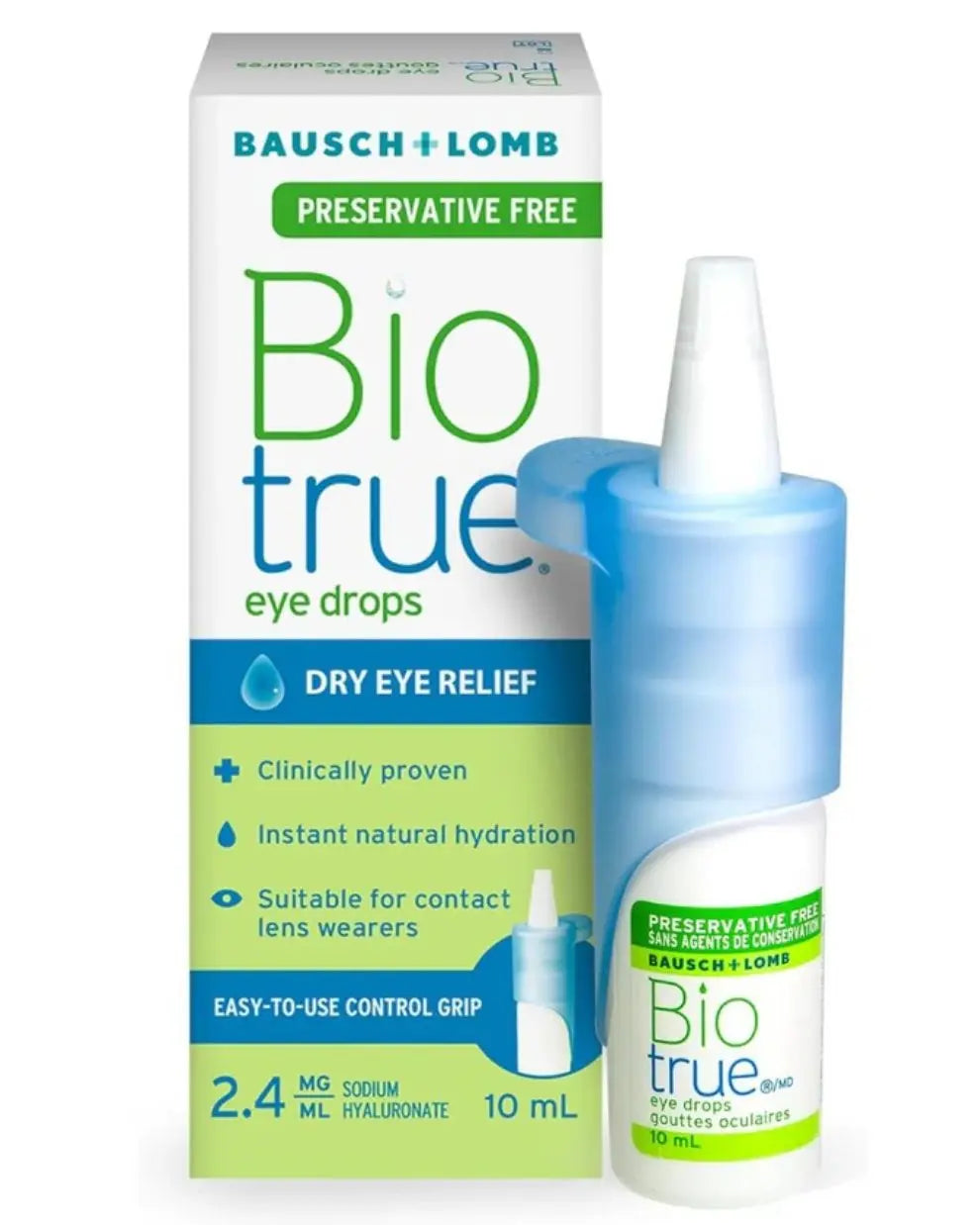 Biotrue eye drops preservative-free 10 mL box and bottle for dry eye relief, suitable for contact lens users