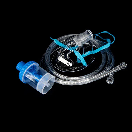 Adult nebulizer kit with elongated mask, tubing, and blue aerosol chamber on black background