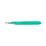 Disposable surgical scalpel with green plastic handle and stainless steel blade
