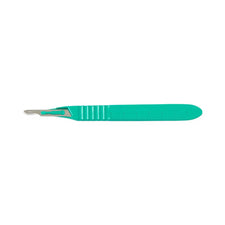 Sterile disposable scalpel with green plastic handle and stainless steel surgical blade