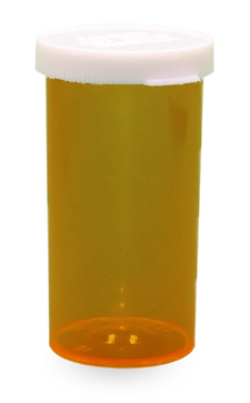 Empty amber prescription pill bottle with white child-resistant cap
