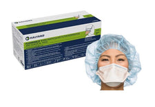 Halyard Fluidshield N95 particulate respirator surgical mask with nurse in blue bouffant cap