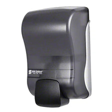 Black wall-mounted hand sanitizer dispenser with push lever for medical or home care use