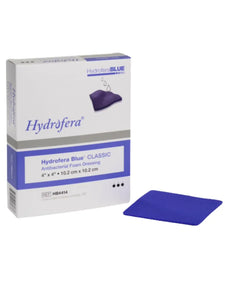 Hydrofera Blue antibacterial foam dressing 4x4 inch box with blue wound care pad
